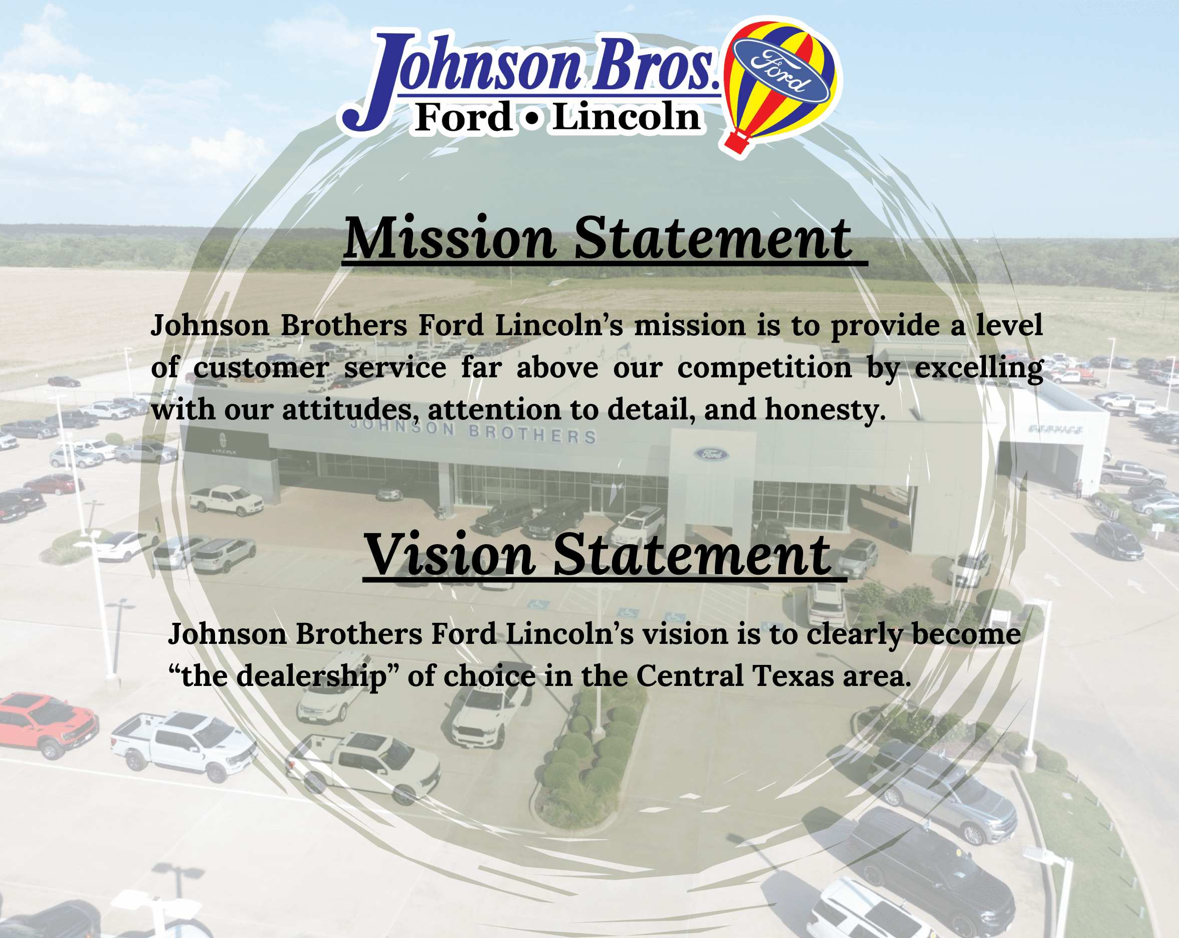 Johnson Brothers Ford Lincoln Mission and Vision Statements with dealership background.